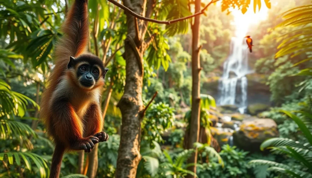 A lush tropical forest in Brownsberg Nature Park, Suriname, with a vibrant ecosystem teeming with wildlife. In the foreground, a curious monkey swings from a branch, its inquisitive gaze fixed on the viewer. In the middle ground, a colorful bird perches atop a towering tree, its plumage shimmering in the warm sunlight. In the background, a distant waterfall cascades over moss-covered rocks, its soothing sound filling the air. The scene exudes a sense of tranquility and harmony, inviting the viewer to immerse themselves in the beauty of this unspoiled natural wonder.