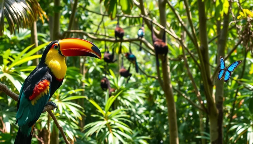 A lush, tropical forest in Puerto Maldonado, Peru, teems with vibrant wildlife on a warm, sunny day. In the foreground, a colorful toucan perches on a branch, its beak agape as it surveys the scene. In the middle ground, a troop of agile spider monkeys swings from tree to tree, their nimble movements a testament to the forest's abundant life. Deeper in the background, a shimmering blue morpho butterfly flutters through the dappled sunlight, its iridescent wings catching the eye. The overall atmosphere is one of tranquility and natural beauty, capturing the essence of the best time to visit this lush, tropical region.