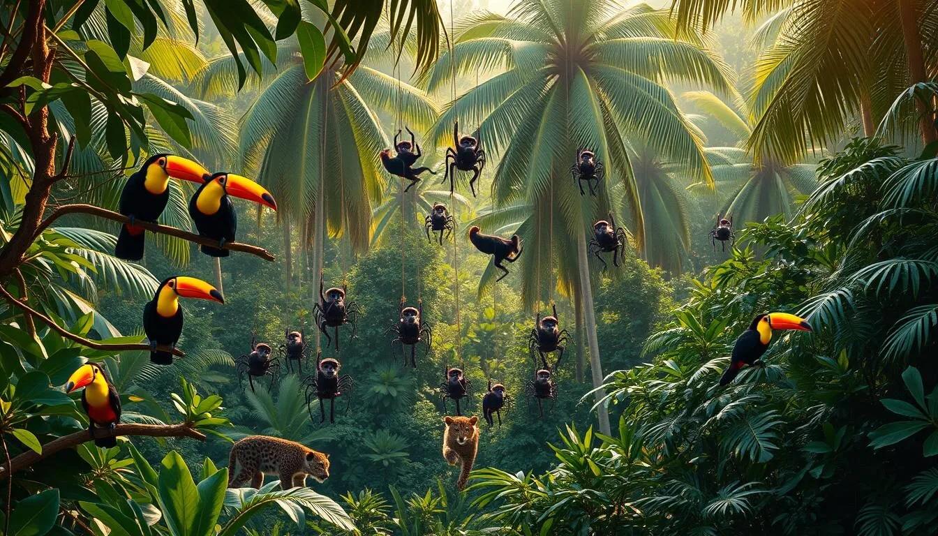 A lush, tropical forest landscape in Roura, French Guiana, showcasing the vibrant and diverse wildlife of the region. In the foreground, a family of colorful toucans perches on a tree branch, their distinctive beaks and plumage standing out against the verdant foliage. In the middle ground, a troop of agile spider monkeys swings from the canopy, while a sleek jaguar prowls through the undergrowth. The background is filled with towering palm trees and dense vegetation, creating a sense of depth and immersion. The scene is bathed in warm, golden sunlight, casting a serene and magical atmosphere over the entire tableau.