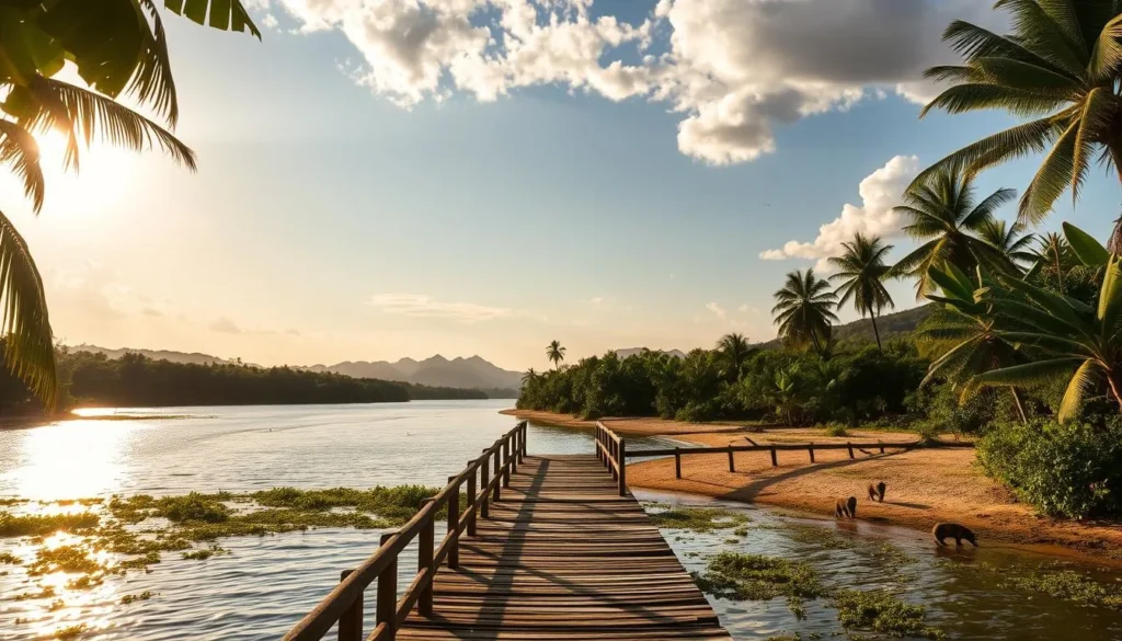 A lush, tropical island paradise stretching along the shores of the Araguaia River in Brazil. Ilha do Bananal, a vast floodplain dotted with banana trees and towering palms, offers a serene escape from the bustling world. Capture the warm, golden light filtering through the verdant canopy, illuminating the glistening waters and casting gentle shadows across the sandy beaches. In the foreground, a wooden jetty extends into the river, inviting visitors to explore the island's hidden coves and winding trails. The middle ground showcases the island's diverse wildlife, from colorful birds soaring overhead to playful capybaras grazing along the riverbanks. The background frames the island's rolling hills and lush, untamed wilderness, creating a harmonious and tranquil scene that encapsulates the essence of this natural wonder.