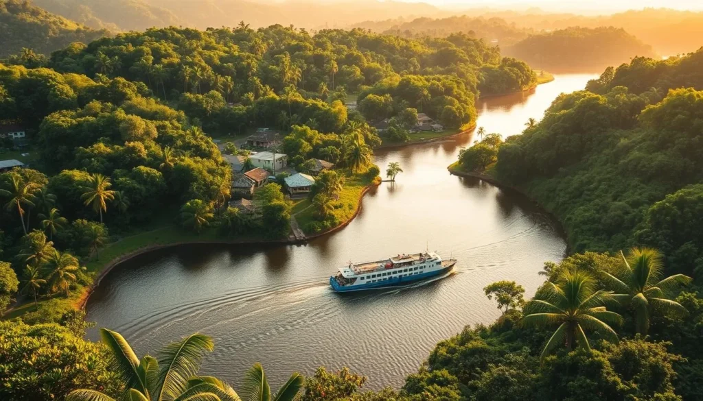 A lush tropical landscape comes into view, with the winding Amazon River snaking through the verdant foliage. In the distance, the picturesque town of Alter do Chão nestles along the riverbank, its colorful buildings and thatched-roof huts reflecting in the calm waters. A small ferry boat gently glides across the river, ferrying passengers to the idyllic Ilha do Amor, a serene island oasis with swaying palm trees and sandy beaches. The scene is bathed in warm, golden sunlight, creating a tranquil and inviting atmosphere. A sense of adventure and exploration pervades the air, inviting the viewer to embark on a journey to this enchanting corner of the Brazilian Amazon.