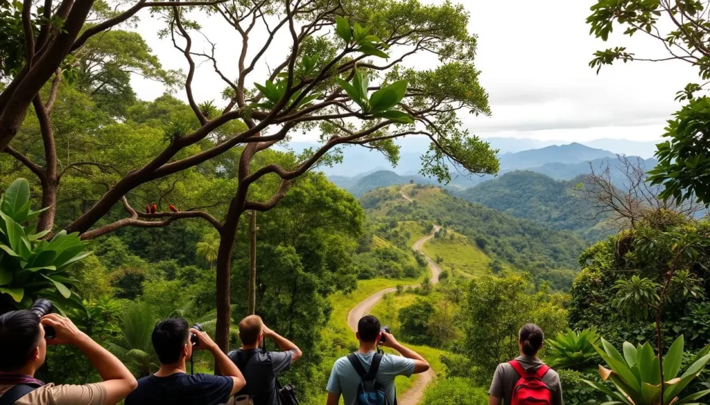 A lush tropical landscape in Furnas do Bom Jesus National Park, Brazil. In the foreground, a group of birdwatchers with binoculars and cameras observe a vibrant array of colorful birds perched on the branches of towering trees. The middle ground features a winding path leading into the dense, verdant foliage, inviting visitors to explore the park's diverse wildlife. The background is filled with rolling hills and a cloudy, yet bright sky, creating a serene and tranquil atmosphere. Warm, natural lighting filters through the canopy, highlighting the rich greens and the delicate details of the fauna. The scene captures the essence of wildlife watching in this stunning Brazilian nature preserve.