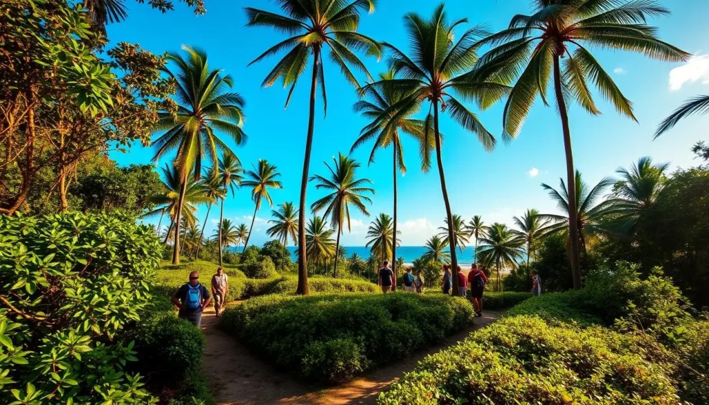 A lush tropical landscape in Kourou, French Guiana, on a sunny day. In the foreground, a well-maintained hiking trail winds through verdant foliage. In the middle ground, a group of travelers pause to admire the picturesque scenery, their backpacks and hiking gear suggesting a day of exploration. The background features towering palm trees swaying gently in the breeze, with glimpses of the azure sky peeking through the canopy. The warm, golden lighting creates a welcoming, tranquil atmosphere, inviting viewers to imagine themselves immersed in the natural splendor of this coastal town.