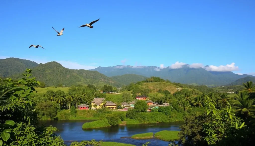 A lush, tropical landscape in Montsinery Tonnegrande, French Guiana, under a clear, azure sky. In the foreground, a tranquil river winds through verdant foliage, with native birds soaring overhead. The middle ground features a picturesque village nestled among rolling hills, its vibrant buildings and thatched roofs bathed in warm, golden sunlight. In the distance, majestic mountains rise, their peaks shrouded in wispy clouds. The scene exudes a sense of serenity and natural beauty, perfectly capturing the essence of the best time to visit this enchanting region.