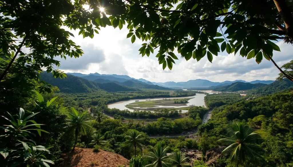 A lush, tropical landscape showcasing the contrasting dry and rainy seasons of Colombia. In the foreground, a vibrant green jungle canopy with sunlight filtering through the leaves, casting a warm glow. The middle ground features a winding river with calm, reflective waters, while the background displays rolling hills and a partly cloudy sky. During the dry season, the ground is parched and cracked, with sparse vegetation. Transitioning to the rainy season, the landscape transforms into a verdant oasis, with the river swelling and cascading over rocky outcroppings. The lighting is natural, with a soft, atmospheric quality, captured with a wide-angle lens to emphasize the expansive, cinematic feel.