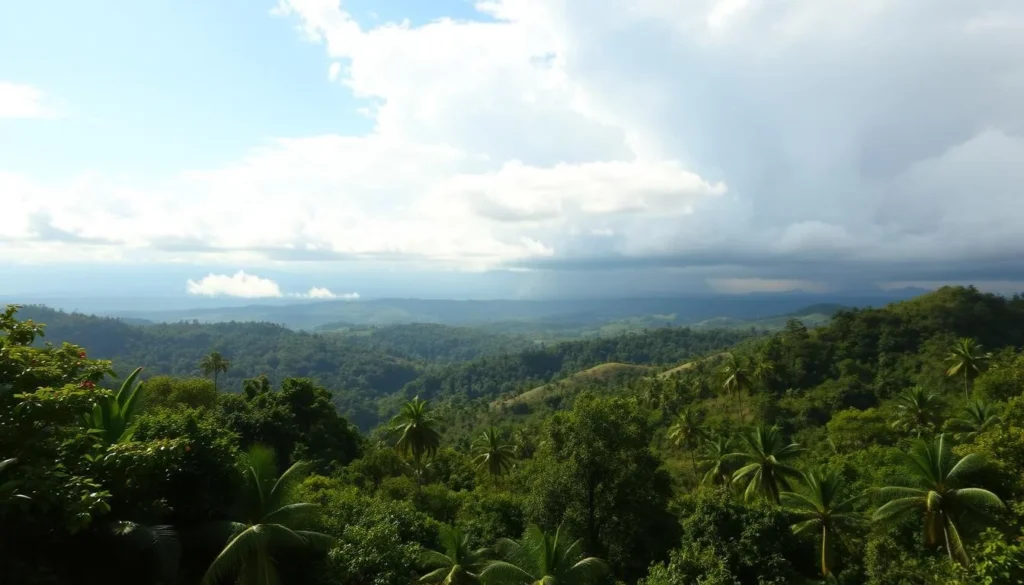 A lush, tropical landscape showcasing the diverse weather patterns across French Guiana. In the foreground, a sun-dappled forest with vibrant greens and flourishing foliage. Transitioning to the middle ground, rolling hills dotted with pockets of dense, misty cloud cover. Further in the distance, towering thunderheads build up, hinting at the region's powerful storm systems. The lighting is soft and diffused, creating a warm, inviting atmosphere. Capture this scene with a wide-angle lens to convey the expansive, dynamic nature of French Guiana's regional weather variations.