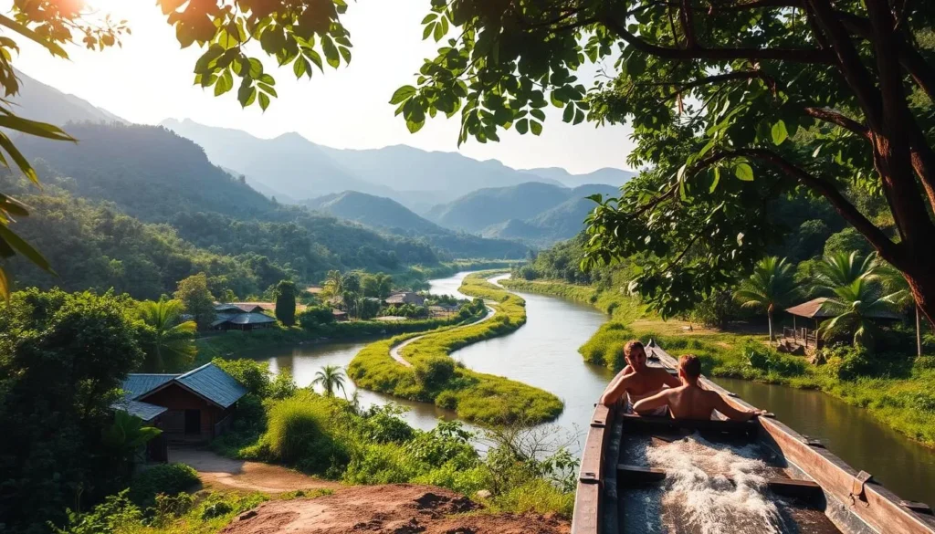 A lush tropical landscape unfolds, as a winding river cuts through verdant foliage. Sunlight filters through the canopy, casting warm hues on a traditional wooden boat gliding along the water. Passengers soak in the tranquil atmosphere, admiring the surrounding hills and distant mountains. In the foreground, a path leads towards a quaint village, its wooden buildings nestled amidst the verdant backdrop. The scene evokes a sense of adventure and peaceful exploration, capturing the essence of traveling to the idyllic region of Brokopondo, Suriname.