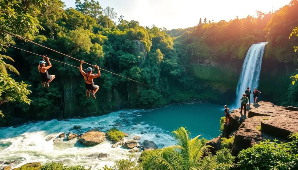 A lush tropical paradise in French Guiana, Montsinery Tonnegrande showcases thrilling adventure activities. In the foreground, intrepid explorers zipline through the verdant canopy, soaring above a rushing river. The middle ground reveals a group of hikers scaling a rocky outcrop, their silhouettes framed against the warm, golden sunlight. In the background, a cascading waterfall spills into a serene, turquoise pool, surrounded by verdant, towering cliffs. The scene exudes a sense of exhilaration and natural wonder, inviting visitors to immerse themselves in the breathtaking landscapes of this remarkable destination.