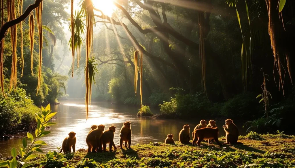 A lush, tropical scene in the heart of French Guiana's wilderness. A shimmering river winds its way through dense, verdant foliage, surrounded by towering trees draped in vines and mosses. In the foreground, a group of curious animals - perhaps monkeys or colorful birds - observe the tranquil, sun-dappled scene, their shapes reflected in the calm waters. The warm, golden light filters through the canopy, casting a soft, enchanting glow over the entire landscape. The viewer is transported to a serene, magical moment in this vibrant, bio-diverse region.