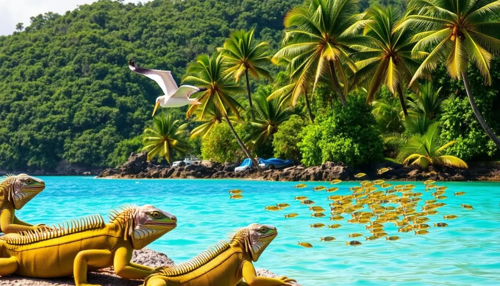 A lush, tropical scene on Blanquilla Island, Venezuela, where diverse wildlife thrives. In the foreground, a family of iguanas bask in the warm sunlight, their vibrant green scales glistening. In the middle ground, a graceful pelican glides effortlessly over the crystal-clear turquoise waters, while a school of brightly colored tropical fish dart through the shallows. In the background, a densely forested coastline provides a verdant backdrop, with palm trees swaying gently in the breeze. The scene is bathed in a soft, golden light, creating a serene and tranquil atmosphere, perfectly capturing the essence of wildlife watching on this stunning Caribbean island.