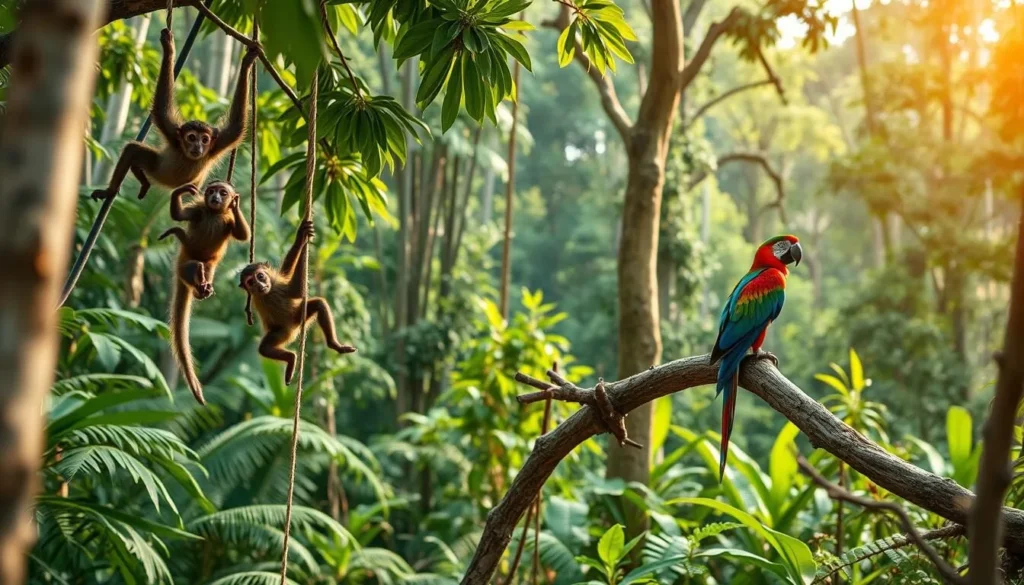 A lush, verdant Amazon rainforest scene filled with vibrant wildlife. In the foreground, a family of playful spider monkeys swings from the branches, their agile movements captured in sharp focus. In the middle ground, a colorful macaw perches on a fallen tree trunk, its vibrant plumage shimmering in the soft, dappled sunlight. In the background, a dense canopy of towering trees stretches out, concealing the secrets of the rainforest. The atmosphere is one of tranquility and wonder, inviting the viewer to immerse themselves in the natural beauty of this captivating ecosystem.