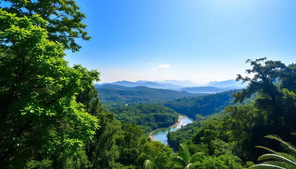A lush, verdant Amazon rainforest scene on a bright, sunny day. In the foreground, towering emerald-green trees with thick canopies stretch towards the sky, their leaves rustling gently in the warm breeze. In the middle ground, a winding river snakes through the forest, its tranquil waters reflecting the blue sky above. In the background, distant misty hills rise, cloaked in a veil of mist. Sunlight filters through the dense foliage, casting a warm, golden glow over the entire landscape. The scene exudes a sense of tranquility and wonder, perfectly capturing the essence of the Amazon rainforest during an optimal visiting time.