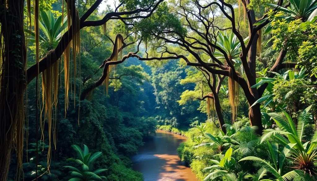 A lush, verdant Brokopondo rainforest on a warm, sunny day. Towering trees with cascading vines and vibrant foliage fill the frame, their dense canopy casting soft, dappled light upon the forest floor below. In the middle ground, a winding river meanders through the landscape, its calm, reflective surface mirroring the surrounding greenery. Exotic birds and wildlife peek out from the undergrowth, adding to the sense of tranquility and biodiversity. The overall scene evokes a feeling of serene, untouched natural beauty, perfectly capturing the essence of the best time to visit Brokopondo, Suriname.