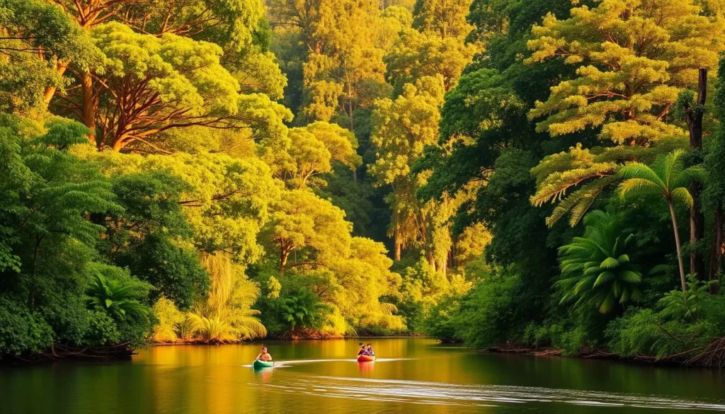 A lush, verdant canopy of towering Amazon rainforest trees, their emerald leaves dappled in warm, golden sunlight. In the foreground, a meandering river winds its way through the serene landscape, its calm waters reflecting the surrounding natural beauty. Amidst the dense foliage, a small group of adventure-seekers explore the Campos Amazonicos National Park, their kayaks gliding effortlessly across the river's surface. The scene exudes a sense of tranquility and wonder, inviting the viewer to immerse themselves in the untamed majesty of this Brazilian ecological wonder.