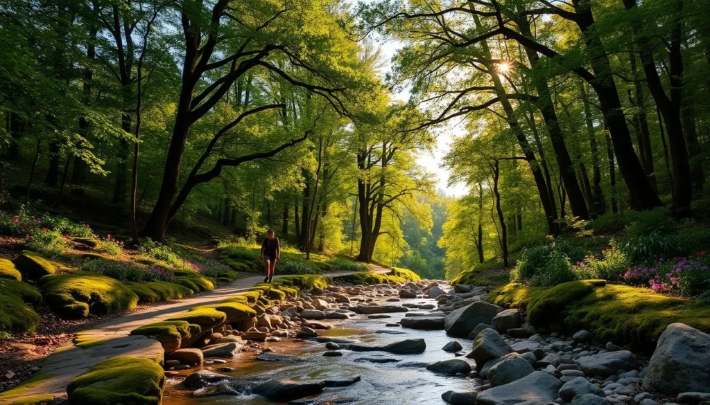 A lush, verdant canopy of towering trees casts a serene, dappled light across a winding trail, lined with mossy rocks and colorful wildflowers. In the middle ground, a tranquil stream babbles over smooth stones, its gentle ripples reflecting the azure sky above. Hikers make their way along the path, their figures silhouetted against the rich greens and browns of the forest. Warm, golden sunlight filters through the leaves, creating a welcoming, natural atmosphere. The scene evokes a sense of peaceful exploration, inviting the viewer to immerse themselves in the beauty of this iconic nature trail. A lush, verdant canopy of towering trees casts a serene, dappled light across a winding trail, lined with mossy rocks and colorful wildflowers. In the middle ground, a tranquil stream babbles over smooth stones, its gentle ripples reflecting the azure sky above. Hikers make their way along the path, their figures silhouetted against the rich greens and browns of the forest. Warm, golden sunlight filters through the leaves, creating a welcoming, natural atmosphere. The scene evokes a sense of peaceful exploration, inviting the viewer to immerse themselves in the beauty of this iconic nature trail.