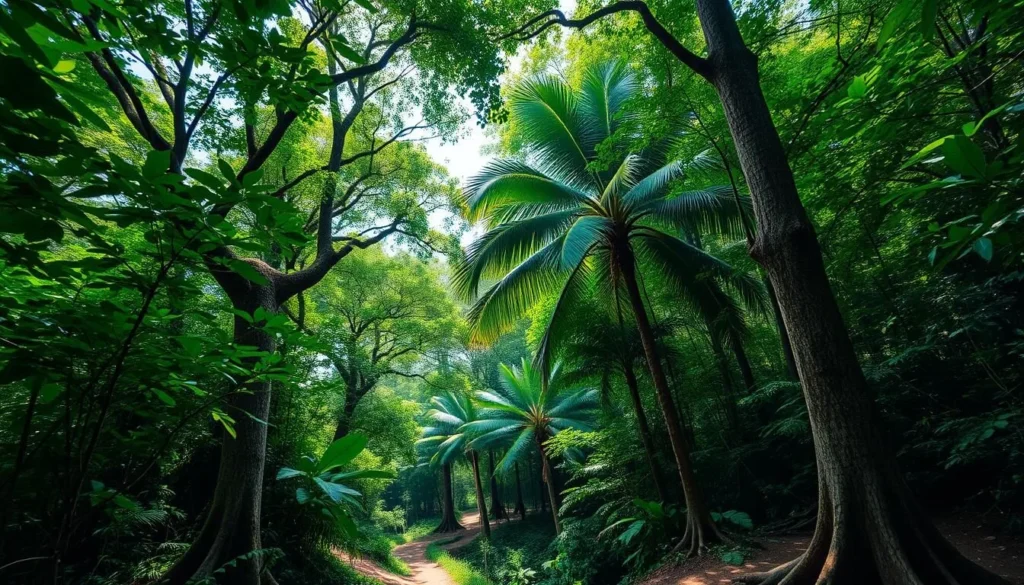 A lush, verdant canopy of towering trees casts dappled shadows on the winding trails below. Vibrant hues of emerald and jade foliage create a sense of immersion in the heart of the Sinnamary jungle. Towering palm fronds sway gently in the warm breeze, complemented by the soothing sounds of flowing water and distant bird calls. The midday sun filters through the dense foliage, illuminating the earthy tones of the forest floor and highlighting the intricate textures of the weathered tree trunks. This serene, untamed landscape invites exploration and discovery, showcasing the natural beauty of this hidden gem in French Guiana.