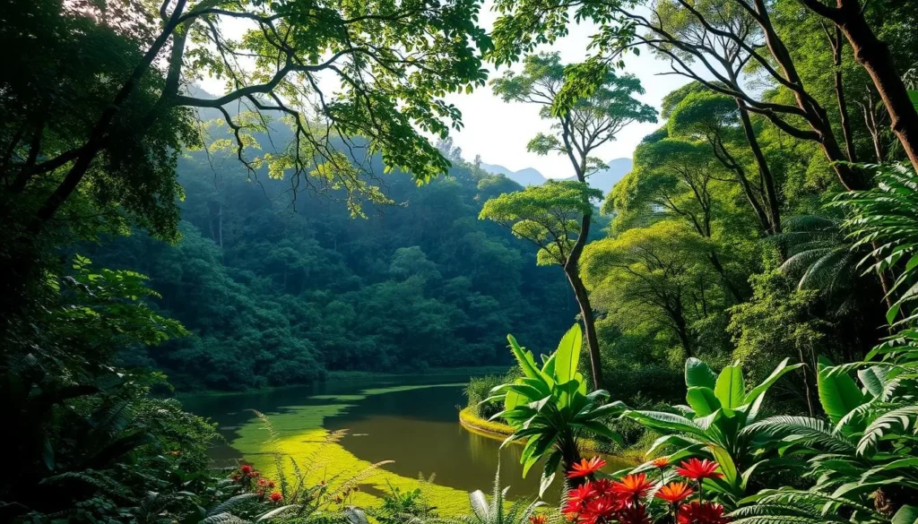 A lush, verdant canopy of towering trees stretches endlessly in the Guyanese rainforest. Sunlight filters through the emerald leaves, casting a warm, golden glow over the scene. In the foreground, a winding river reflects the surrounding foliage, its tranquil waters inviting exploration. Vibrant tropical flowers and ferns dot the forest floor, creating a vibrant tapestry of colors. In the distance, the soft silhouettes of mountains rise, adding depth and drama to the landscape. The air is thick with the sounds of rustling leaves and the calls of exotic birds. This serene, untamed paradise captures the essence of Guyana's weather-savvy charms.