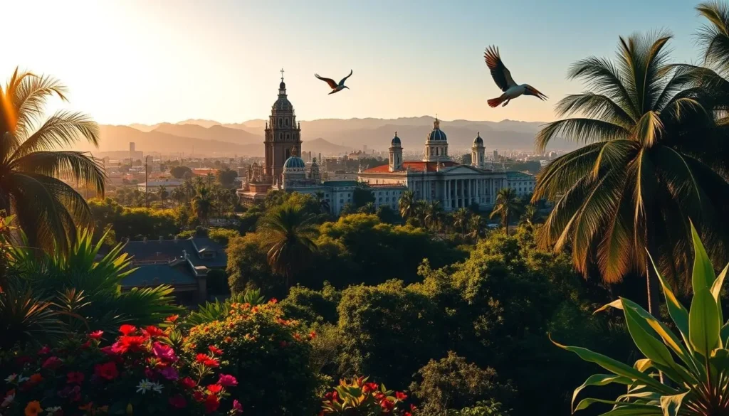 A lush, verdant cityscape of Maracay, Venezuela's "Garden City", bathed in warm, golden sunlight. In the foreground, a vibrant array of tropical flora and fauna - colorful flowers, swaying palm trees, and exotic birds in flight. The middle ground showcases the city's iconic landmarks, such as the towering Cathedral of St. Sebastian and the grand Miraflores Palace, their architectural details sharply defined. In the background, rolling hills and a clear, azure sky create a serene, picturesque backdrop. The scene conveys a sense of tranquility and natural beauty, inviting the viewer to explore the city's attractions.