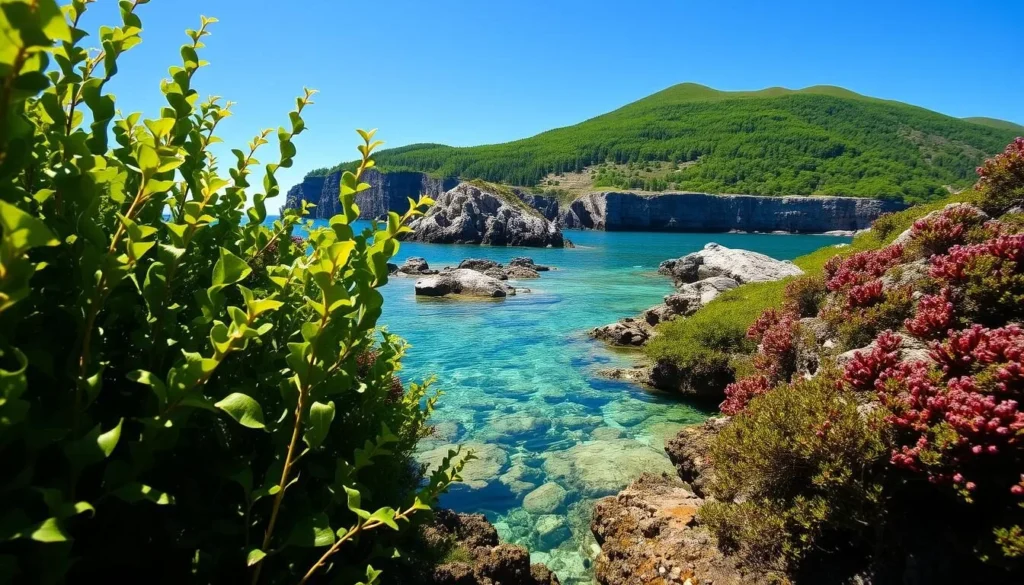 A lush, verdant coastal ecosystem in Kosterhavet National Park, Sweden. In the foreground, towering kelp forests sway gently in the current, creating a serene underwater world teeming with diverse marine life. In the middle ground, sunlight filters through the crystalline waters, illuminating rocky outcroppings and vibrant coral formations. The background showcases the rugged, picturesque shoreline, with towering cliffs and lush, rolling hills blanketed in boreal forest. The scene conveys a sense of tranquility and natural harmony, capturing the essence of Sweden's first and only marine national park.