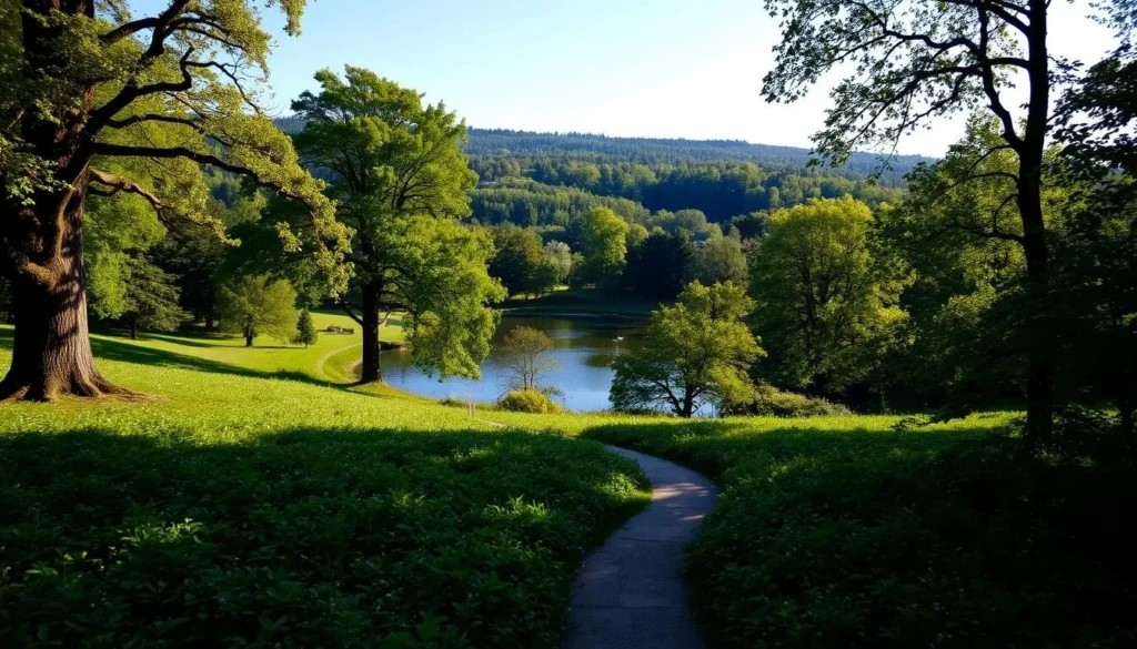 A lush, verdant expanse of Slottsskogen Park in Gothenburg, Sweden, on a warm, sunny day. In the foreground, a winding path meanders through a sea of vibrant greenery, flanked by towering oak and elm trees casting dappled shadows. In the middle ground, a tranquil pond reflects the azure sky, its surface dotted with graceful waterfowl. Beyond, rolling hills and dense forest envelop the scene, creating a serene, bucolic atmosphere. Soft, diffused lighting filters through the canopy, imbuing the landscape with a warm, inviting glow. Capture the essence of this urban oasis, a haven of relaxation and natural beauty.