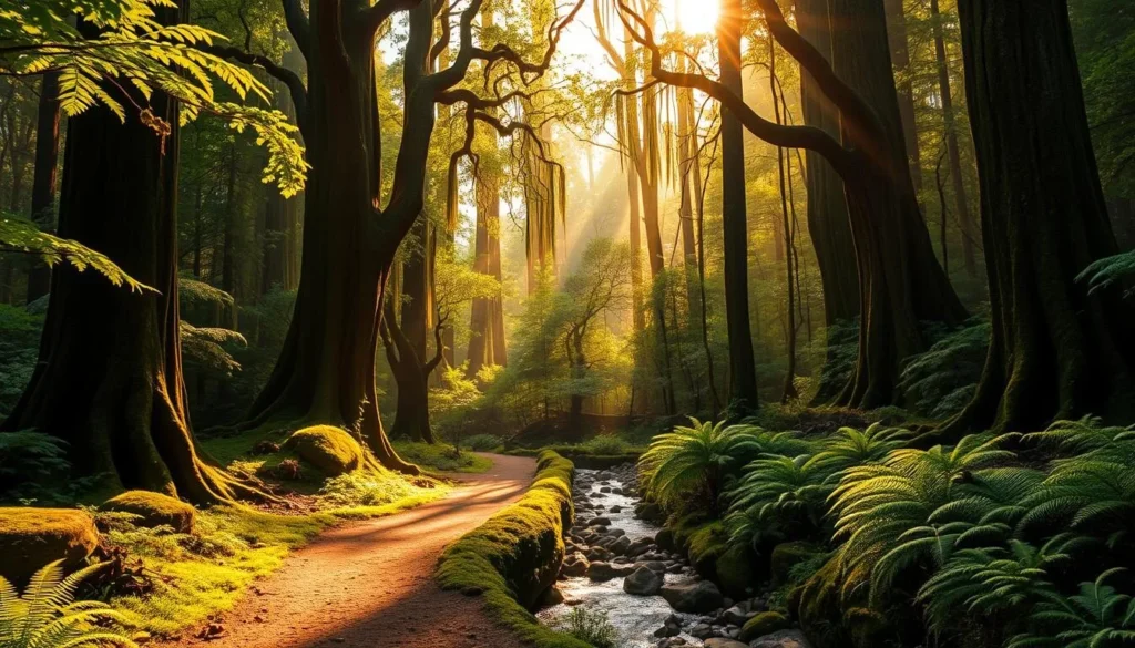 A lush, verdant forest bathed in warm, golden sunlight. Tall, ancient trees with gnarled trunks and cascading canopies form a serene, natural cathedral. A winding dirt path meanders through the underbrush, inviting exploration. Vibrant, emerald ferns and mosses cling to the forest floor, while a gentle stream babbles over smooth rocks. Squirrels and birds flit between the branches, their calls echoing through the tranquil scene. The atmosphere is one of peaceful solitude, a serene sanctuary where nature takes center stage.