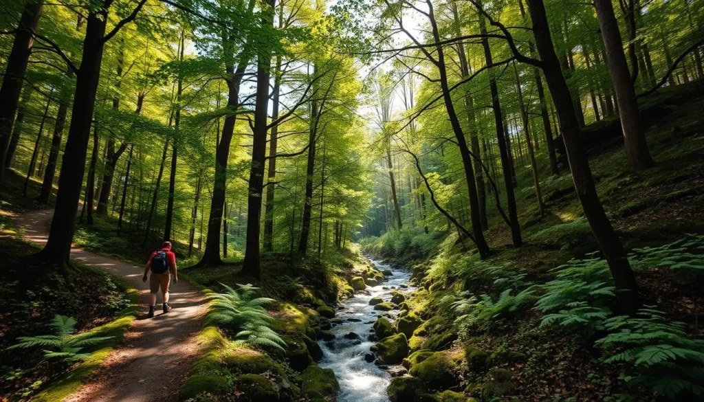 A lush, verdant forest canopy casts dappled sunlight onto a winding hiking trail in the Sumava Mountains of Czechia. Towering deciduous trees line the path, their branches reaching skyward. The forest floor is carpeted with a patchwork of ferns, mosses, and fallen leaves. A serene stream babbles alongside the trail, its crystal-clear waters reflecting the surrounding foliage. Hikers traverse the path, taking in the tranquil atmosphere and immersing themselves in the ancient, untamed beauty of this enchanting wilderness. Capture this scene with a medium-wide lens, using natural lighting to emphasize the lush, verdant tones and create a sense of calm, adventurous exploration.