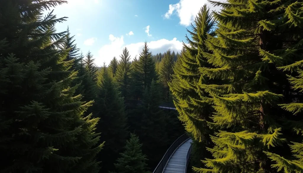 A lush, verdant forest canopy in the Krkonose Mountains, Czechia. Sunlight filters through the towering evergreen trees, casting a warm, golden glow over the winding, elevated walkway that snakes through the treetops. The trail stretches out before the viewer, inviting them to explore this enchanting, family-friendly nature experience. Wispy clouds drift overhead, creating a sense of tranquility and wonder. The image captures the serene beauty and adventure of the Krkonose Tree Top Trail, a must-see attraction for visitors to Krkonose National Park.