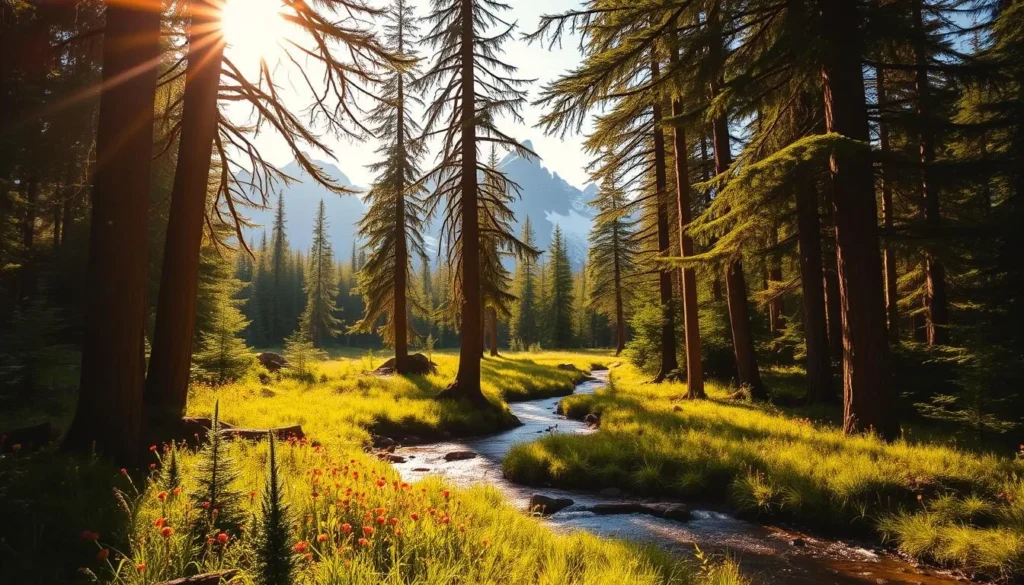 A lush, verdant forest glade bathed in warm, golden sunlight. Tall, stately trees frame the scene, their branches swaying gently in a light breeze. A crystalline stream winds its way through the undergrowth, its waters sparkling like diamonds. Vibrant wildflowers dot the forest floor, their petals dancing in the soft light. In the distance, rugged, snow-capped peaks rise up, creating a dramatic, picturesque backdrop. The overall atmosphere is one of tranquility and natural beauty, inviting the viewer to immerse themselves in the serene outdoor setting.
