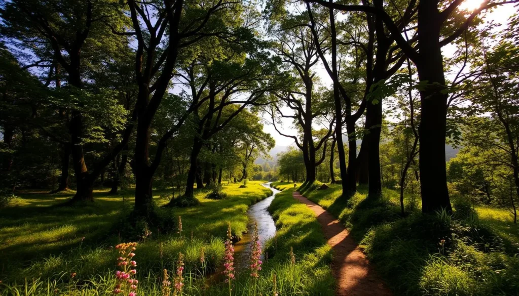 A lush, verdant forest in Ghaziabad, Uttar Pradesh, with towering trees and a serene, winding pathway. Dappled sunlight filters through the canopy, casting a warm, golden glow over the scene. In the foreground, colorful wildflowers dot the forest floor, inviting visitors to stop and admire the natural beauty. In the middle ground, a small stream babbles gently, its crystal-clear waters reflecting the surrounding foliage. In the distance, the silhouettes of hills or mountains can be seen, adding depth and a sense of tranquility to the landscape. The overall atmosphere is one of peace, relaxation, and a deep connection with nature.