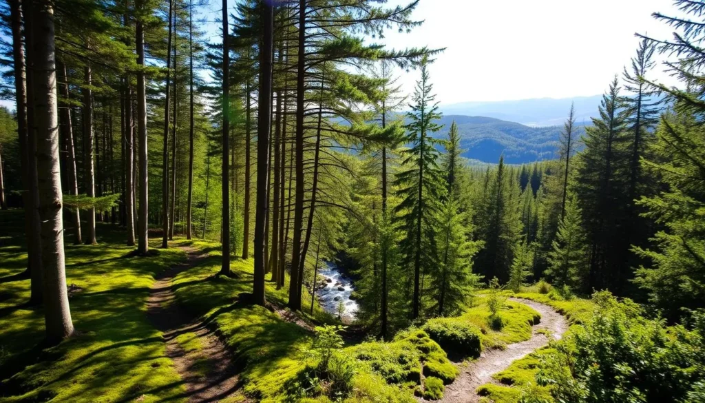 A lush, verdant forest in Tyresta National Park, Sweden, on a bright, sun-dappled day. The foreground features a winding trail leading through a dense canopy of towering birch, pine, and spruce trees, their branches casting soft shadows on the mossy ground. In the middle ground, sunlight filters through the foliage, illuminating a babbling brook that meanders through the scene. The background showcases rolling hills and distant peaks, creating a sense of depth and tranquility. The overall atmosphere evokes a serene, enchanting mood, inviting the viewer to immerse themselves in the natural beauty of this Swedish wilderness. A lush, verdant forest in Tyresta National Park, Sweden, on a bright, sun-dappled day. The foreground features a winding trail leading through a dense canopy of towering birch, pine, and spruce trees, their branches casting soft shadows on the mossy ground. In the middle ground, sunlight filters through the foliage, illuminating a babbling brook that meanders through the scene. The background showcases rolling hills and distant peaks, creating a sense of depth and tranquility. The overall atmosphere evokes a serene, enchanting mood, inviting the viewer to immerse themselves in the natural beauty of this Swedish wilderness.