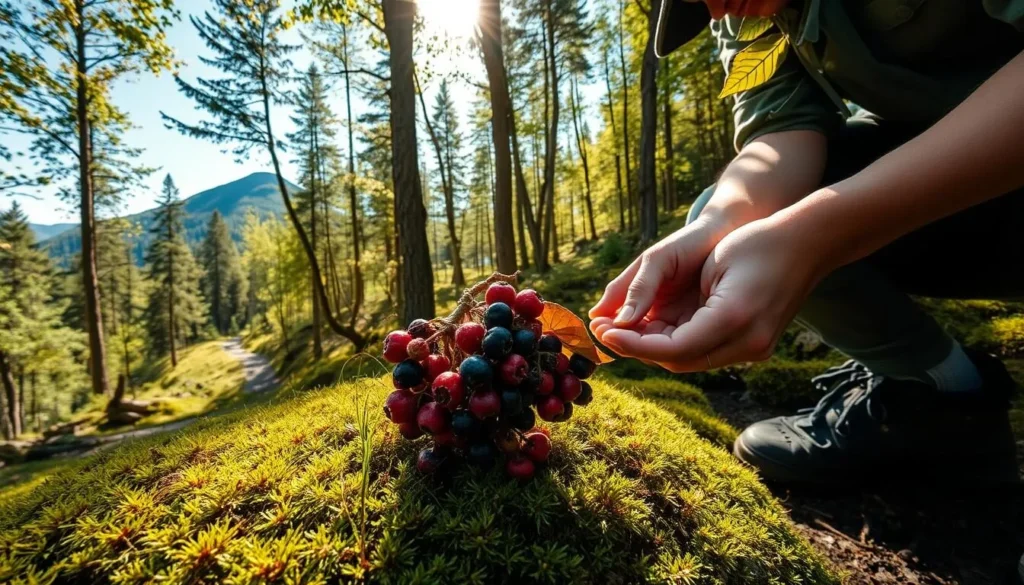A lush, verdant forest in the Pieljekaise Mountains of Sweden. Sunlight filters through the canopy, casting a warm glow on the mossy undergrowth. In the foreground, a person crouches, carefully examining a cluster of ripe, juicy berries nestled among the foliage. Their hands delicately pluck the berries, revealing the vibrant colors of red, blue, and purple. The middle ground shows a winding path leading deeper into the forest, beckoning the viewer to explore. In the background, the towering peaks of the Pieljekaise Mountains rise majestically, their rugged beauty complementing the serene forest scene. A sense of peaceful tranquility and immersion in nature pervades the image.