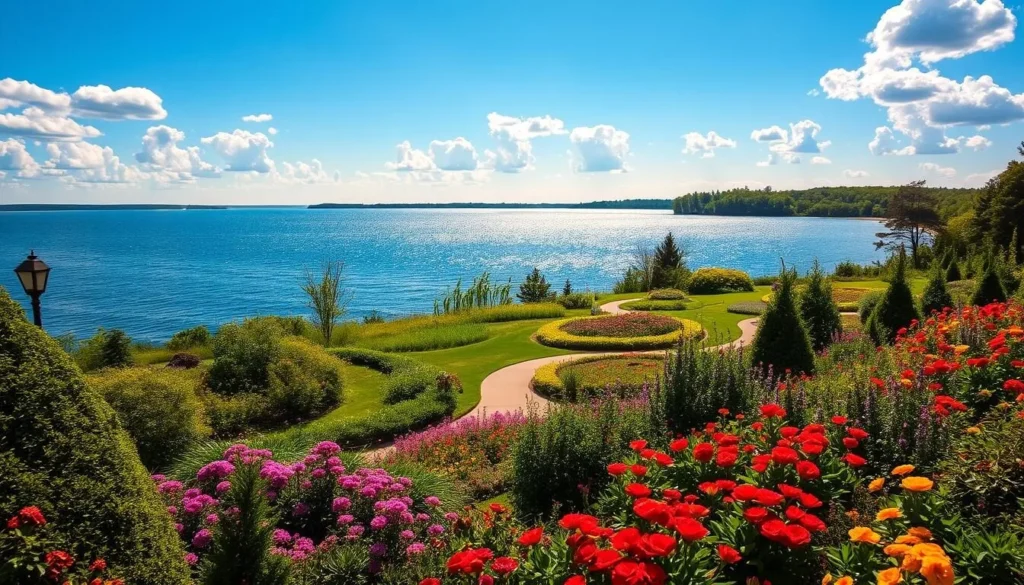 A lush, verdant garden nestled along the tranquil shores of Lake Nokomis. The foreground is adorned with vibrant flower beds in a riot of colors, their petals gently swaying in the warm breeze. Meandering paths wind through the middle ground, inviting visitors to explore the serene natural landscape. In the background, the sparkling waters of the lake reflect the azure sky, dotted with fluffy white clouds. Warm, golden sunlight bathes the scene, creating a peaceful, inviting atmosphere. Capture the essence of this picturesque Minnesota oasis, a true haven of natural beauty.