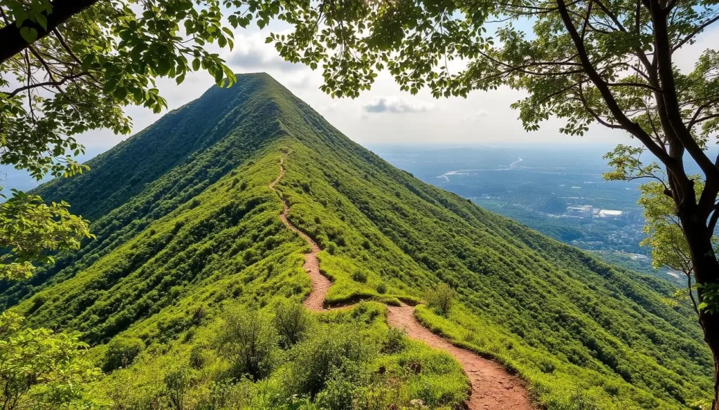 A lush, verdant hillside rises majestically, its slopes adorned with a tapestry of vibrant greenery. At the crest, a stunning panoramic vista unfolds, revealing the captivating beauty of the surrounding landscape. In the foreground, a well-defined hiking trail winds through the undulating terrain, inviting adventurers to embark on an exhilarating journey to the summit. Dappled sunlight filters through the canopy, casting a warm, golden glow over the scene. The atmosphere is serene and tranquil, with a gentle breeze rustling the leaves. This is the Morro da Piroca, a captivating natural wonder that promises to reward those who dare to explore its breathtaking heights.