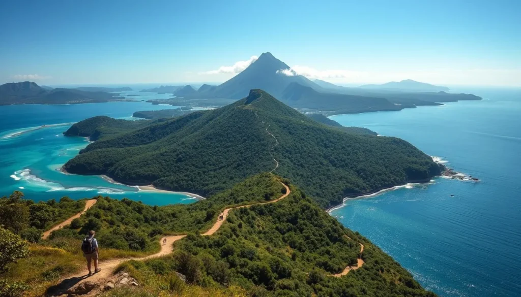 A lush, verdant island emerges from the serene, azure waters, its rugged coastline dotted with winding hiking trails that wind through a tapestry of ancient forests and rolling hills. Sunlight filters through the canopy, casting a warm, golden glow across the landscape. In the distance, a majestic peak rises, its summit shrouded in wispy clouds. Hikers traverse the well-marked paths, taking in the breathtaking vistas and the sounds of nature that fill the air - the gentle lapping of waves, the rustling of leaves, and the calls of birds. The overall mood is one of tranquility, adventure, and a deep connection with the natural world.