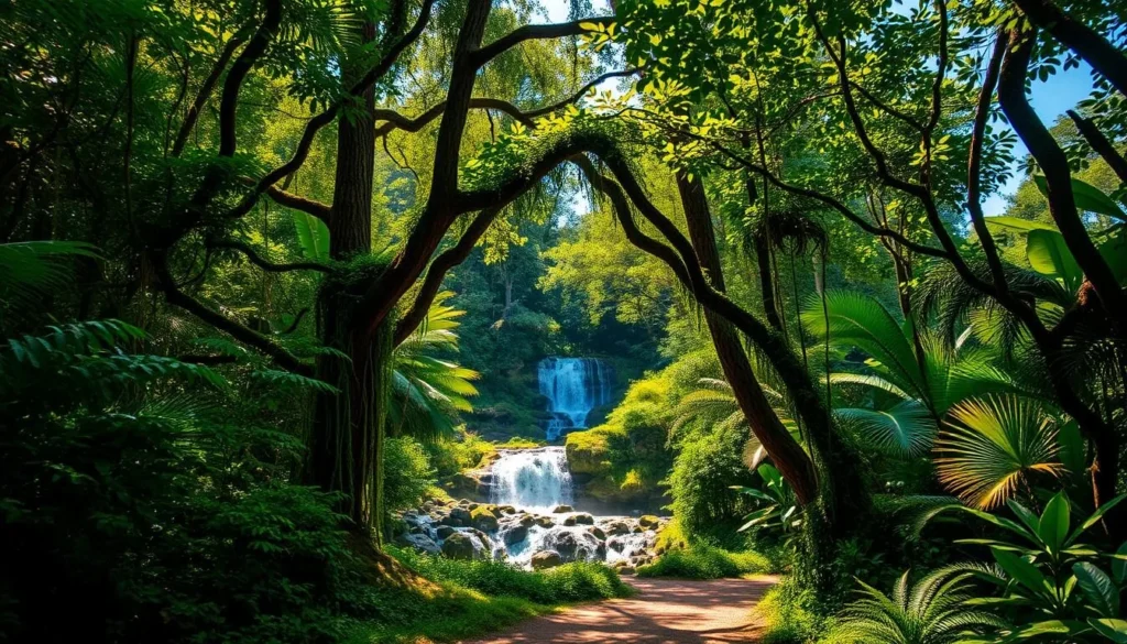 A lush, verdant jungle canopy teeming with life, filtering warm sunlight through its dense foliage. In the foreground, a winding path meanders through the undergrowth, flanked by towering trees draped in vines and ferns. Vibrant hues of green, brown, and gold dance across the scene, creating a sense of natural harmony. In the middle ground, a cascading waterfall tumbles over moss-covered rocks, its gentle roar adding to the serene ambiance. The background reveals a glimpse of a clear blue sky, hinting at the vastness of the jungle beyond. The overall atmosphere is one of tranquility, inviting the viewer to explore this lush, untamed paradise.