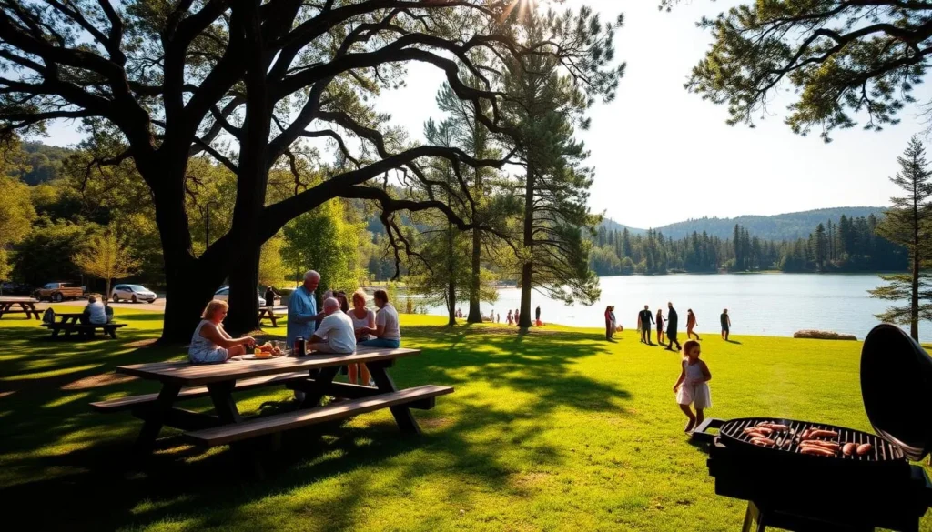 A lush, verdant lakeside picnic area nestled amid rolling hills and towering pines. A wooden picnic table sits under the dappled shade of mature oak trees, inviting guests to enjoy a sumptuous outdoor feast. In the background, the crystalline waters of Lake Annette shimmer in the warm afternoon sunlight, with gentle ripples lapping against the shoreline. The air is filled with the scent of freshly grilled burgers and the sizzle of sausages on a nearby charcoal grill. Families and friends gather around, laughing and conversing, as children playfully chase butterflies across the well-manicured lawn. Soft, diffused lighting creates a tranquil, picturesque atmosphere, capturing the essence of a perfect day for picnicking and barbecuing by the lake.
