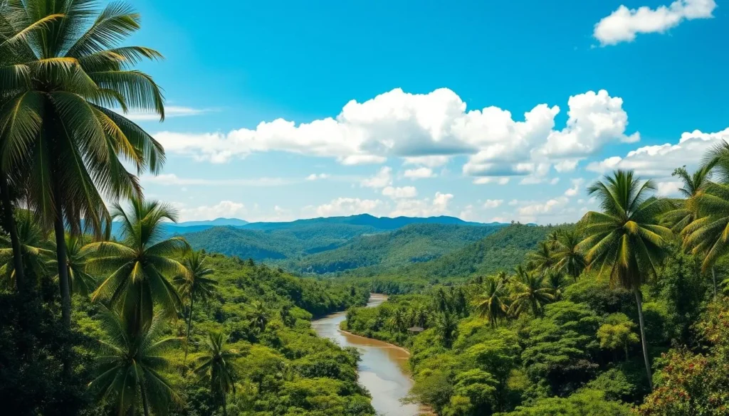 A lush, verdant landscape bathed in warm tropical sunlight. In the foreground, a winding river reflects the vibrant green of the surrounding forest canopy. Towering palm trees sway gently in the light breeze, casting dappled shadows on the forest floor below. In the middle ground, rolling hills covered in dense, humid vegetation stretch out toward the horizon. The sky is a brilliant azure, with fluffy white clouds drifting lazily overhead. The overall scene conveys a sense of tranquility and the abundant natural beauty of French Guiana's climate.