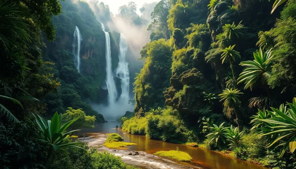 A lush, verdant landscape during the wet season in Venezuela's tropical rainforests. Towering waterfalls cascade over ancient rock formations, their mist creating a misty, ethereal atmosphere. In the foreground, a tranquil river winds through the undergrowth, its surface reflecting the vibrant greens of the surrounding foliage. Sunlight filters through the dense canopy, casting a warm, golden glow over the scene. Diverse flora and fauna thrive in this abundant ecosystem, creating a natural symphony of colors and sounds. The overall mood is one of serene beauty and wonder, capturing the essence of Venezuela's breathtaking natural wonders during the rainy months.