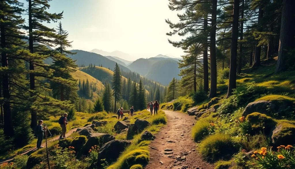 A lush, verdant landscape filled with winding hiking trails, meandering through towering pine trees and rolling hills. Sunlight filters through the canopy, casting a warm, golden glow over the scene. In the foreground, a well-trodden path leads hikers through the serene wilderness, flanked by vibrant wildflowers and mossy boulders. The middle ground reveals picturesque vistas of distant mountains, their peaks capped with snow. A sense of tranquility and adventure permeates the atmosphere, inviting the viewer to embark on an immersive outdoor experience. Captured with a wide-angle lens to showcase the breathtaking scale and majesty of the Bellevue hiking trails.