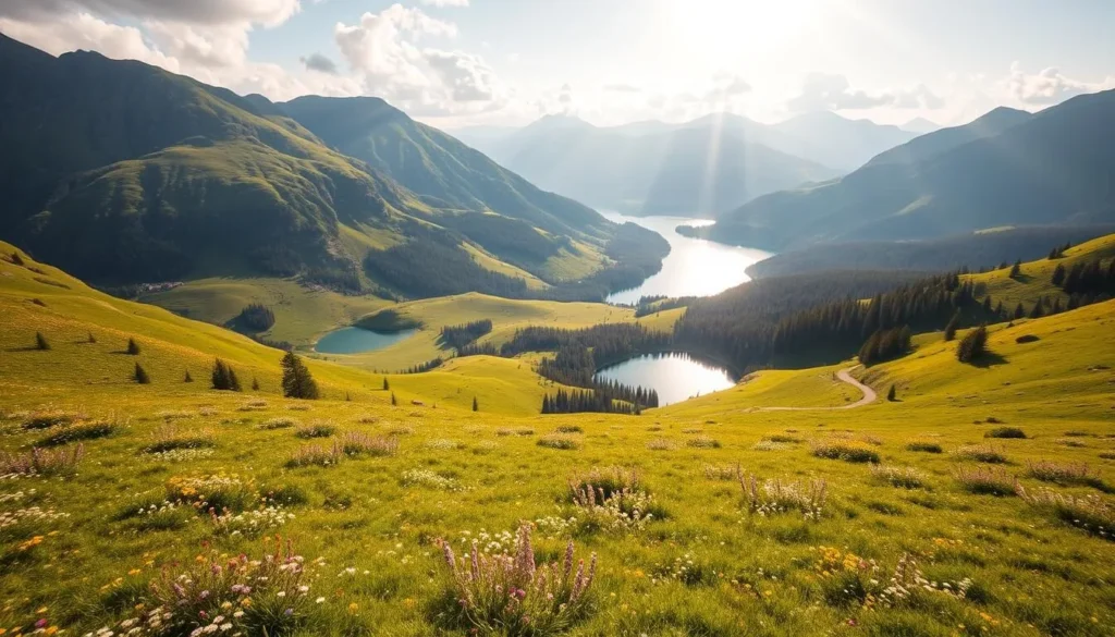 A lush, verdant landscape in Borgefjell National Park, Norway during the warm summer season. Capture the rolling hills, towering peaks, and pristine alpine lakes bathed in soft, golden sunlight. Showcase the diverse flora, with vibrant wildflowers dotting the meadows and lush, evergreen forests lining the horizon. Depict a serene, tranquil atmosphere, with a sense of peaceful isolation and connection to nature. Use a wide-angle lens to convey the grand scale and breathtaking vistas of this stunning Norwegian wilderness. The image should exude a sense of adventure, inspiration, and the perfect time to explore Borgefjell's natural wonders.