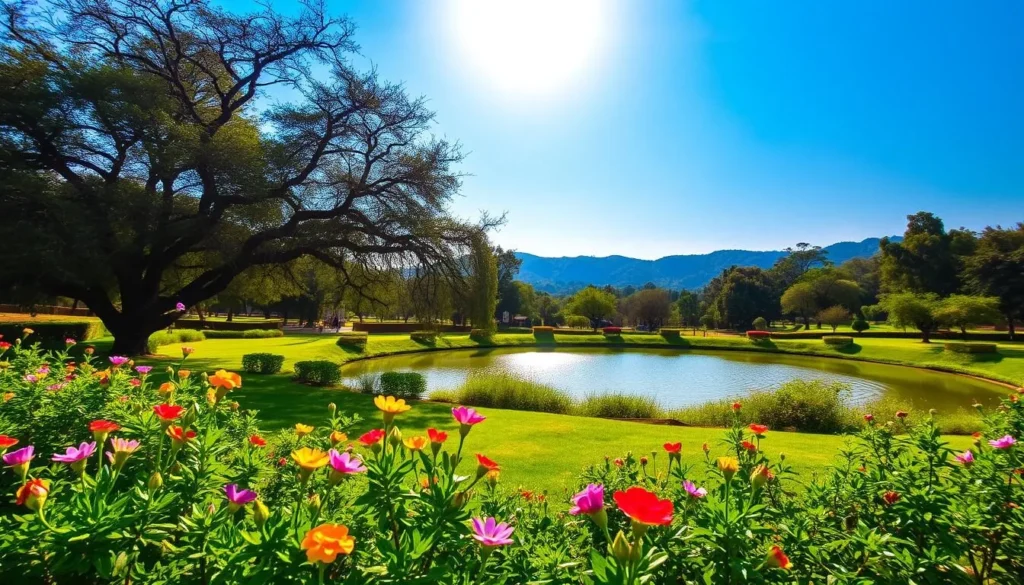 A lush, verdant landscape in Chandigarh, India, under the warm glow of a spring sun. In the foreground, blooming flowers in vibrant hues dot the well-manicured gardens. Gently swaying trees provide a picturesque backdrop, their branches reaching towards a clear, azure sky. In the middle ground, a tranquil pond reflects the surrounding scenery, its surface rippling softly. Distant hills rise majestically, their slopes adorned with the fresh greens of the season. The atmosphere is one of serene beauty, inviting the viewer to experience the enchanting charm of Chandigarh during the pre-monsoon months.