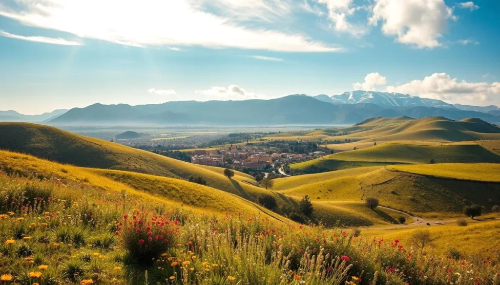 A lush, verdant landscape in Israel's springtime splendor. Rolling hills dotted with vibrant wildflowers, their petals swaying gently in the warm breeze. Sunlight filters through wispy clouds, casting a soft, golden glow over the scene. In the distance, a picturesque village nestled among olive groves and ancient stone structures. Rugged mountain peaks rise majestically, their snow-capped summits glistening under the clear blue sky. A serene, tranquil atmosphere pervades the idyllic countryside, inviting the viewer to immerse themselves in the natural beauty of this captivating region.