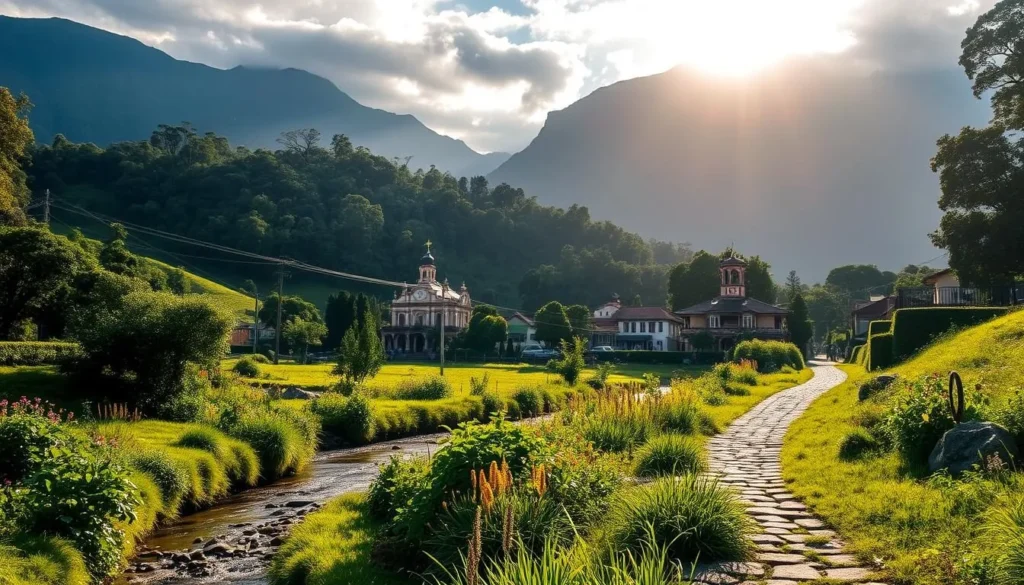A lush, verdant landscape in Jardin, Colombia, bathed in warm, golden sunlight. In the foreground, a tranquil stream winds its way through a vibrant tapestry of emerald foliage and colorful wildflowers. Towering mountains rise in the distance, their peaks kissed by wispy clouds. In the middle ground, a cobblestone path leads visitors through a charming town, its quaint buildings and church spires reflecting the idyllic setting. The atmosphere is serene and inviting, perfect for exploring the region's natural beauty and cultural heritage during the best time to visit Jardin.