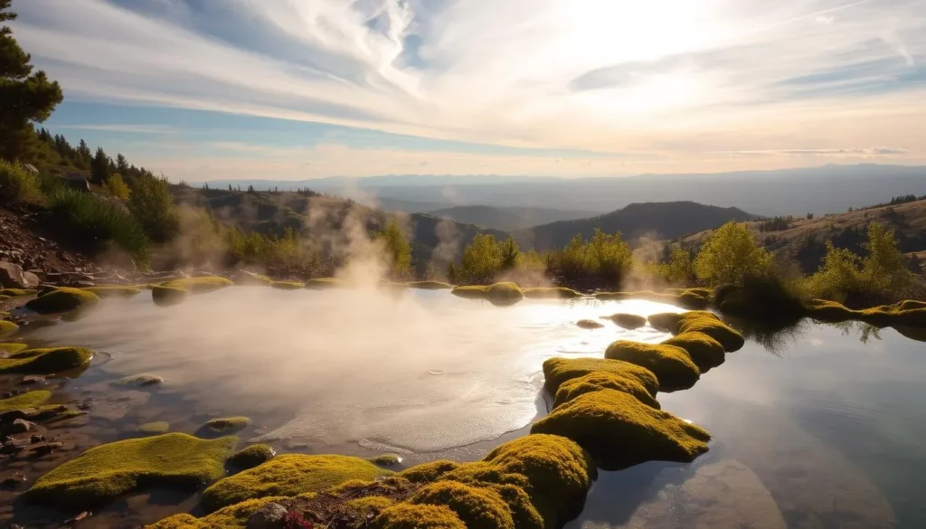 A lush, verdant landscape in Lava Hot Springs, Idaho, during its most vibrant seasonal highlights. In the foreground, a tranquil natural spring bubbles with steaming, mineral-rich waters, surrounded by mossy rocks and verdant foliage. In the middle ground, rolling hills and distant mountains create a breathtaking backdrop, bathed in warm, golden sunlight filtering through wispy clouds. The scene exudes a serene, peaceful atmosphere, perfectly capturing the beauty and charm of Lava Hot Springs during its most picturesque time of year.