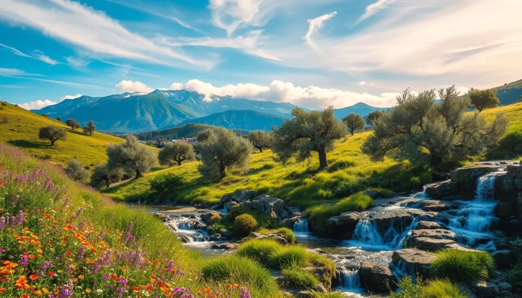 A lush, verdant landscape in Lebanon during the blooming season. Vibrant wildflowers carpet the rolling hills, their petals swaying gently in the warm spring breeze. Cascading waterfalls tumble over mossy rocks, their crystalline waters reflecting the azure sky above. Groves of olive trees dot the middle ground, their twisted trunks and silvery leaves providing dappled shade. In the distance, snow-capped peaks of the majestic Lebanese mountains rise, creating a breathtaking backdrop. Warm, golden sunlight filters through wispy clouds, illuminating the scene with a soft, ethereal glow. An idyllic, tranquil springtime tableau in Lebanon, bursting with life and natural beauty.