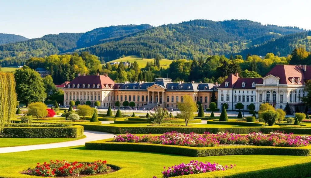 A lush, verdant landscape in Marianske Lazne, Czechia, showcasing the town's seasonal highlights. In the foreground, a serene park with vibrant flower beds and neatly trimmed hedges, inviting visitors to stroll and admire the colorful blooms. The middle ground features the town's iconic neo-Renaissance spa buildings, their ornate facades basking in warm, golden sunlight. In the background, rolling hills and forested areas provide a picturesque backdrop, hinting at the natural beauty that surrounds this renowned spa destination. The scene conveys a sense of tranquility and elegance, perfectly capturing the essence of the best time to visit Marianske Lazne.