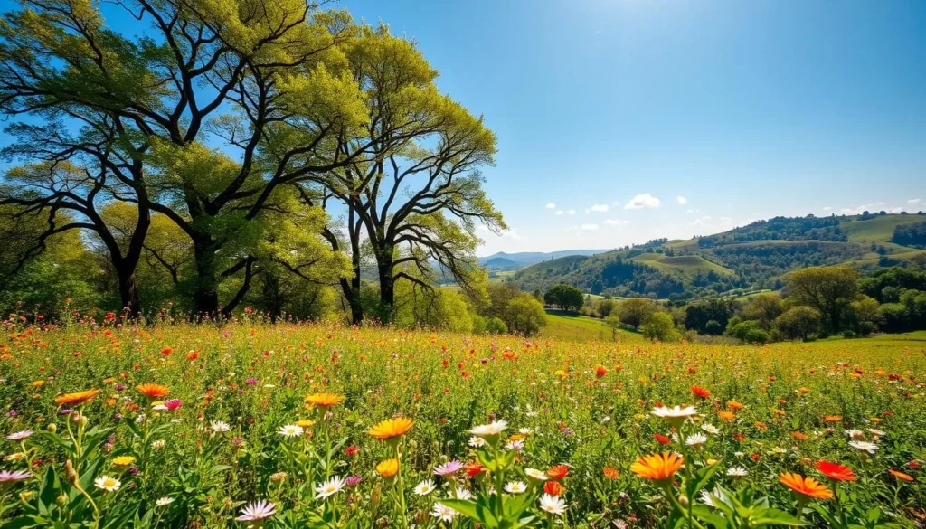 A lush, verdant landscape in Paraguay during the spring months of September to November. In the foreground, a vibrant field of wildflowers sways gently in a soft breeze. Towering, sun-dappled trees line the middle ground, their branches heavy with fresh greenery. In the distance, rolling hills stretch out towards a cloudless, azure sky, bathed in warm, golden sunlight. A serene, picturesque scene that captures the beauty and tranquility of the Paraguayan countryside in springtime.