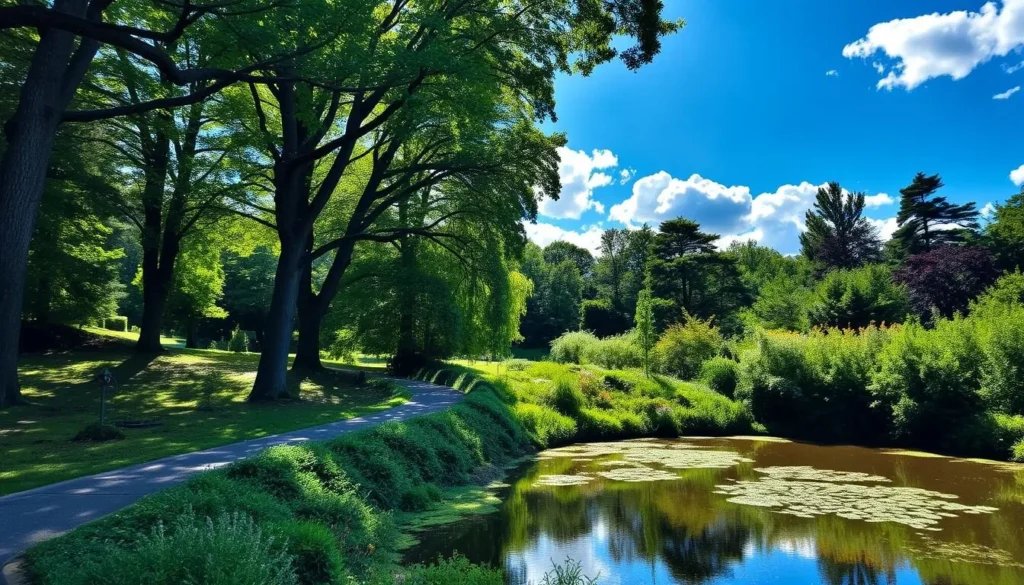 A lush, verdant landscape in Rogaland Arboretum, Norway. Towering trees casting dappled shadows across a winding path, surrounded by a diverse array of flora. In the foreground, a tranquil pond reflects the azure sky and fluffy white clouds above. Sunlight filters through the canopy, illuminating the vibrant greens and splashes of seasonal blooms. A serene atmosphere invites visitors to immerse themselves in the natural beauty of this scenic Norwegian oasis.