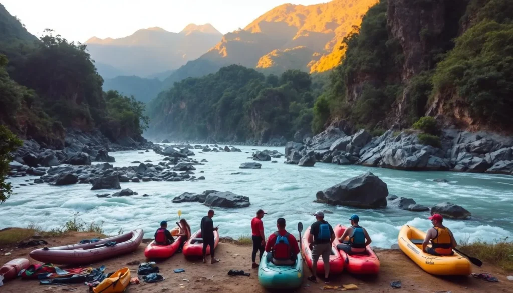 A lush, verdant landscape in San Gil, Colombia, the adventure capital of the country. In the foreground, a group of thrill-seekers prepare for a whitewater rafting expedition, their kayaks and equipment scattered on the riverbank. The middle ground reveals the rushing, turquoise waters of the Fonce River, cutting through the rugged, craggy terrain. In the background, towering mountains rise up, their peaks bathed in warm, golden sunlight, casting long shadows across the scene. The atmosphere is one of excitement and discovery, as adventurers embrace the natural beauty and adrenaline-fueled activities that define San Gil.