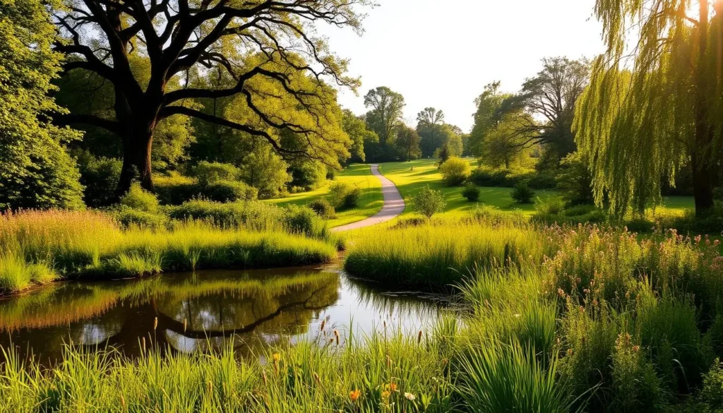 A lush, verdant landscape in the London Borough of Brent, England, bathed in warm, golden sunlight. In the foreground, a picturesque pond reflects the tranquil sky, surrounded by a carpet of vibrant wildflowers and swaying grasses. In the middle ground, a winding path leads through a dense, mature woodland, dappled with soft shadows. Towering oak and elm trees line the horizon, their branches reaching towards the heavens. The overall scene conveys a sense of serene natural beauty, inviting the viewer to immerse themselves in the calming atmosphere of this urban oasis.